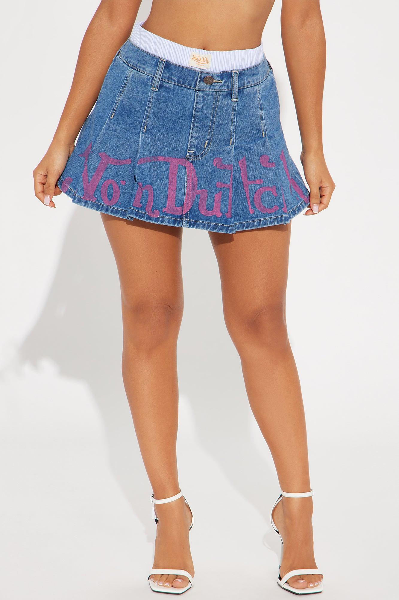 Von Dutch Boxer Pleated Denim Mini Skirt - Light Wash Product Image