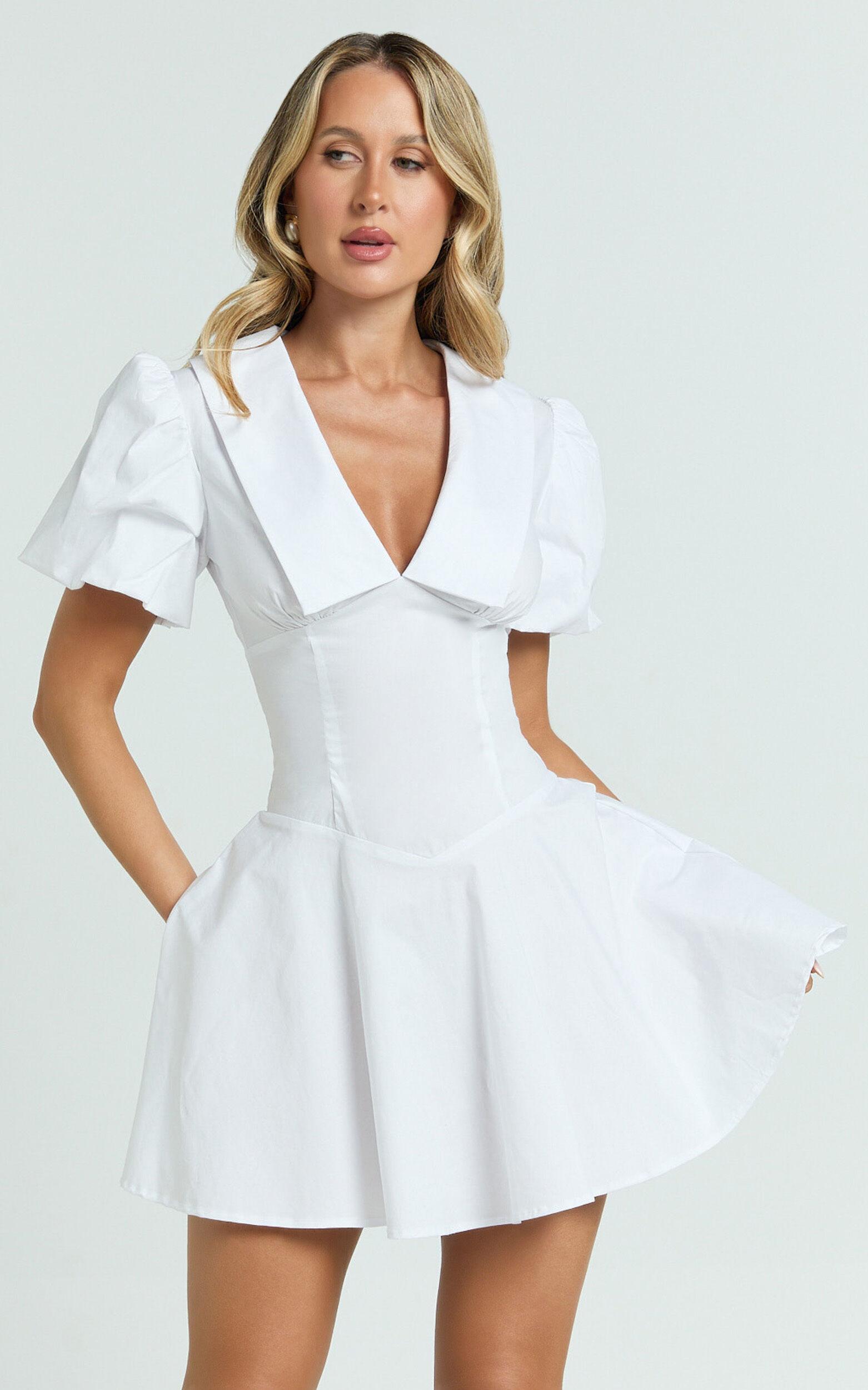 Lucy Mini Dress - Deep V Oversized  Collar Puff Sleeve A Line Dress in White Product Image