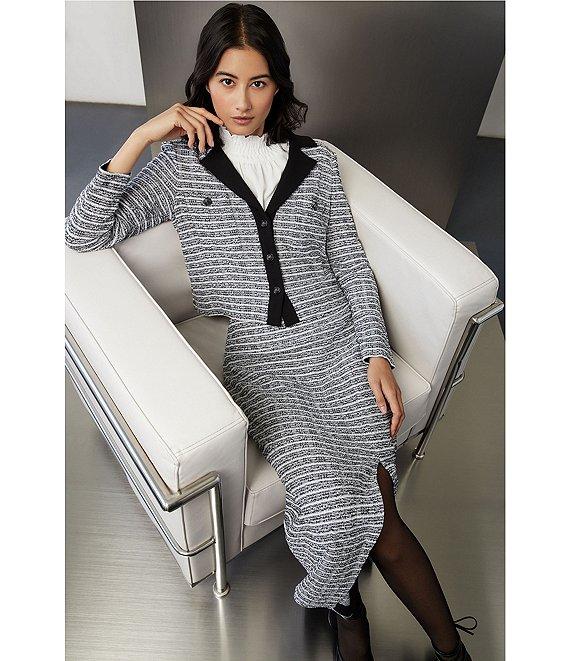 Ming Wang Textured Knit Melange Stripe No-Roll Waist Side Slit Coordinating Maxi Skirt Product Image