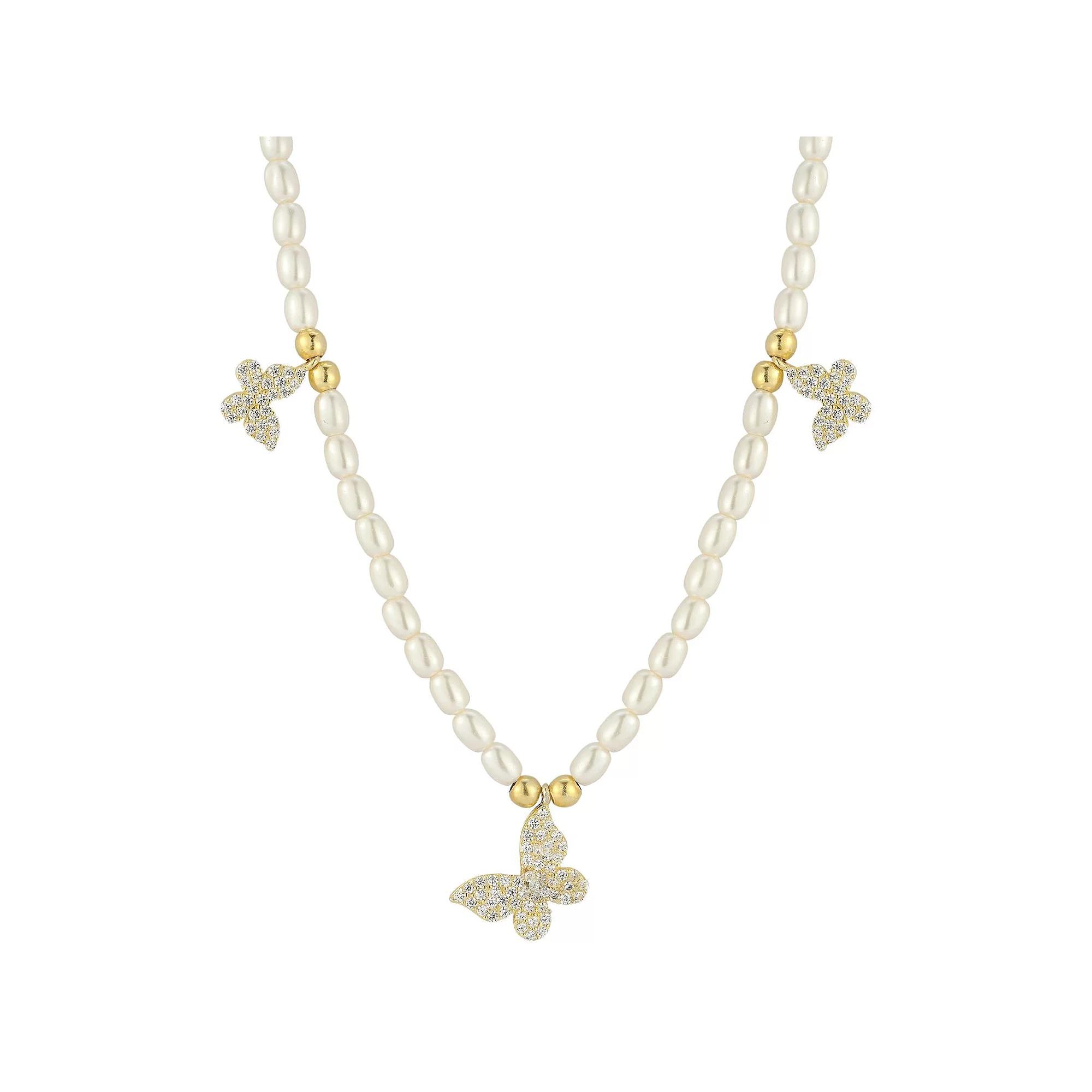 Sunkissed Sterling 14k Gold Over Silver Cubic Zirconia & Pearl Butterfly Pendant Necklace, Women's, Gold Tone Product Image
