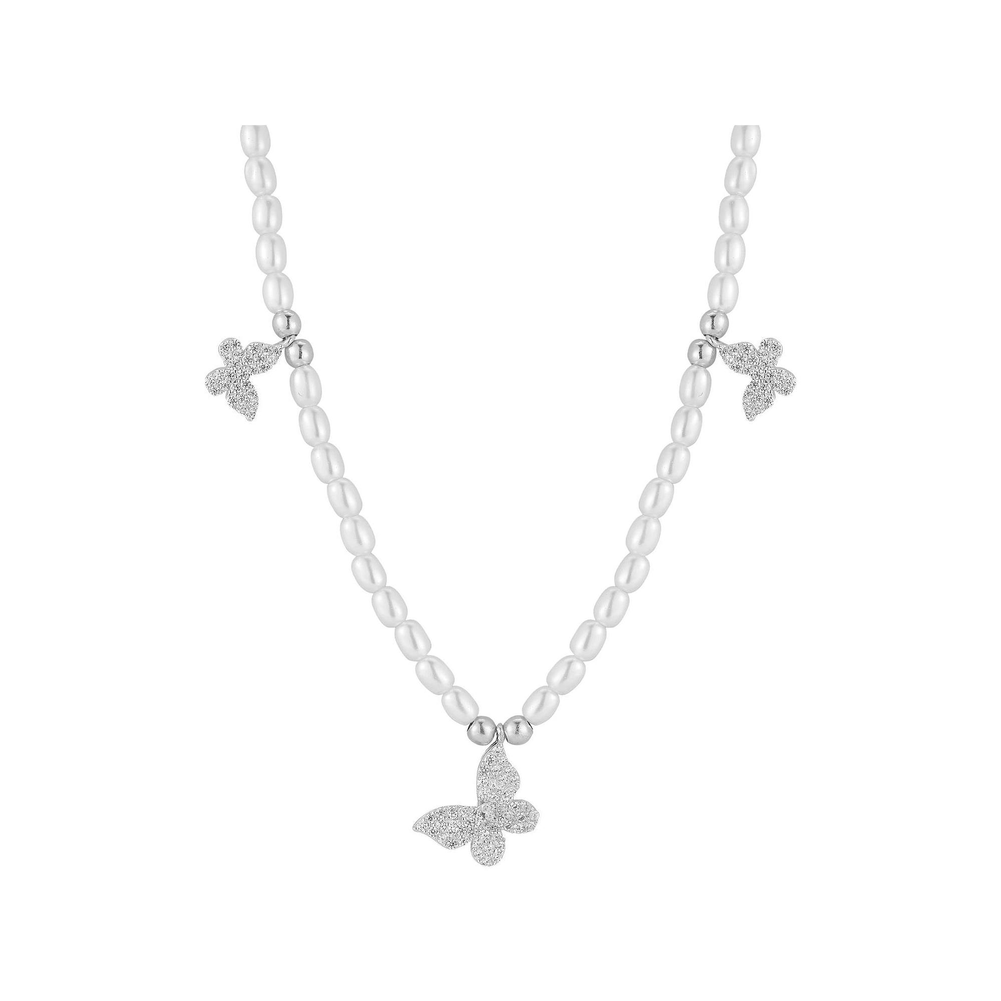 Sunkissed Sterling 14k Gold Over Silver Cubic Zirconia & Pearl Butterfly Pendant Necklace, Women's, Silver Tone Product Image