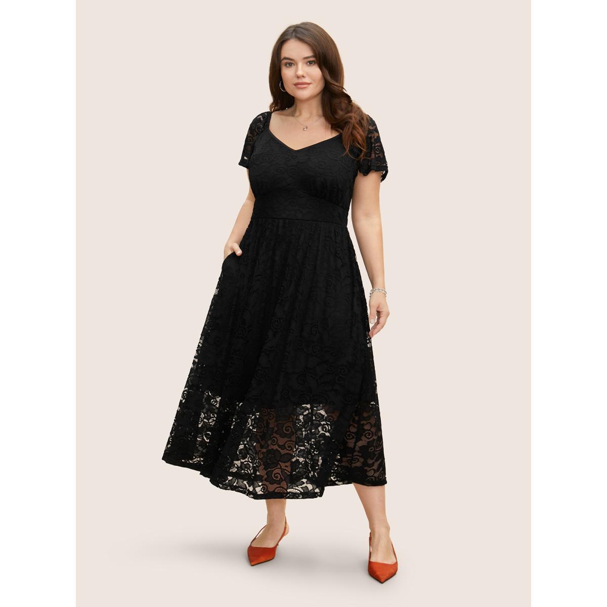 Plus Size Heart Neckline Crochet Lace Mesh Flutter Sleeve Dress Black Women Elegant Woven ribbon&lace trim Heart neckline Cap Sleeve Curvy BloomChic 14-16/1X Product Image