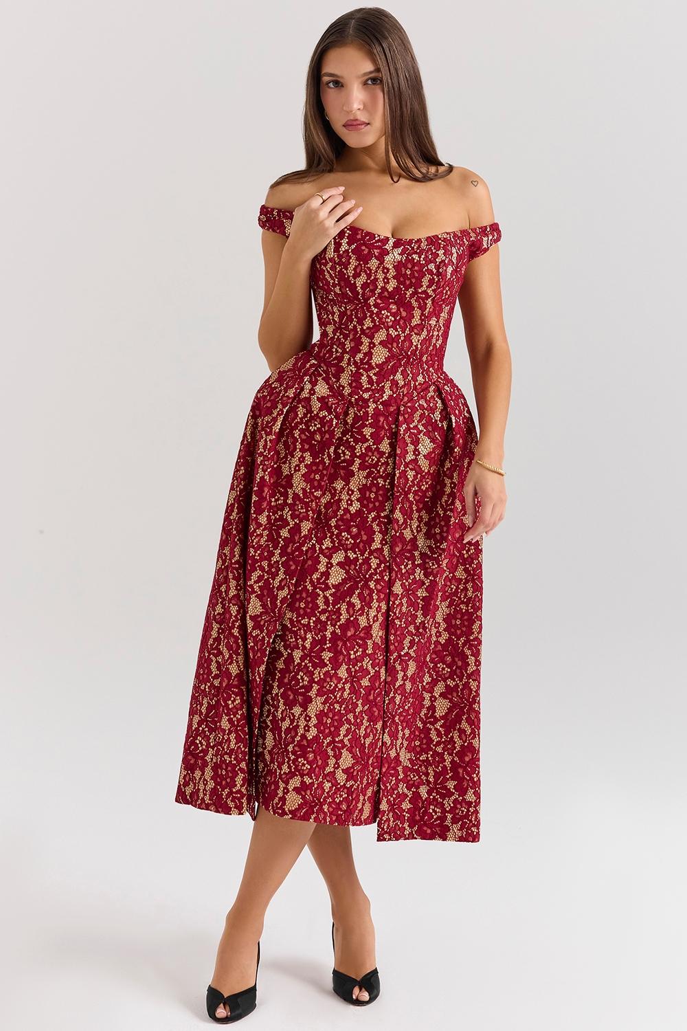 Charming  gold and berry lace midi off shoulder dress Product Image