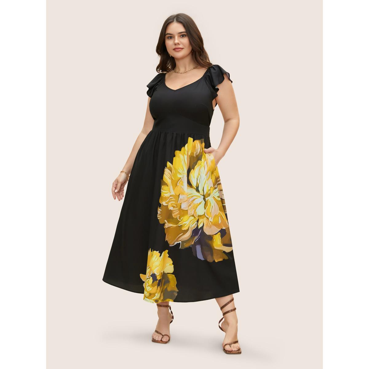 Plus Size Carnation Print Ruffle Cap Sleeve Maxi Dress Black Women Elegant Shirred Heart neckline Cap Sleeve Curvy BloomChic 30/6X Product Image
