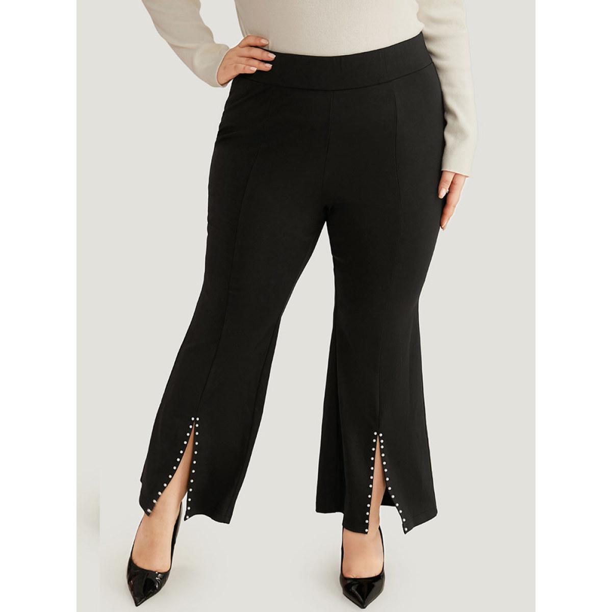 Plus Size Bootcut Pearl Beaded Split Front Pants Women Black Office Flare Leg High Rise Office Pants BloomChic 10/M Product Image