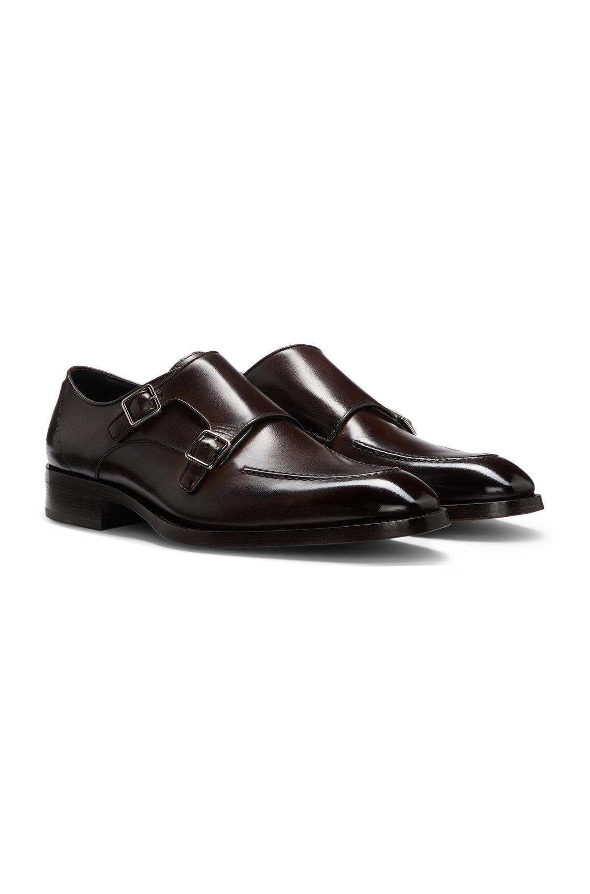 BOSS - Burnished-leather shoes with double monk strap - Dark Brown Product Image