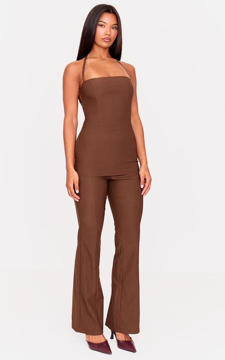 Chocolate Woven Thin Halter Overlay Detail Jumpsuit Product Image