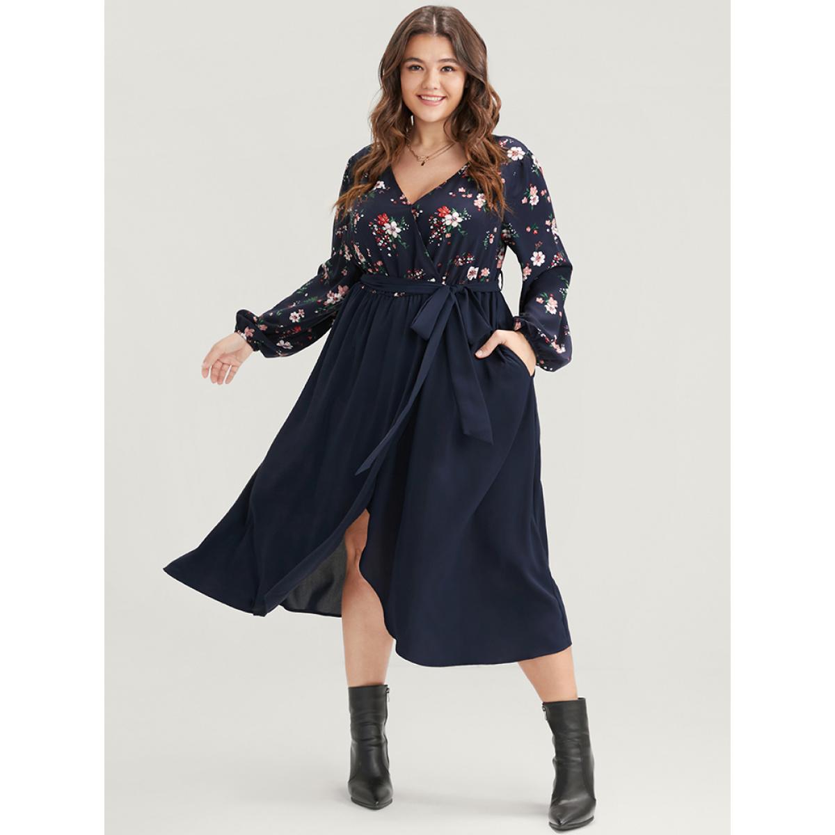 Plus Size Floral Print Wrap Pocket Belted Split Dress DarkBlue Women Elegant Elastic Waist V-neck Long Sleeve Curvy Midi Dress BloomChic 12/L Product Image