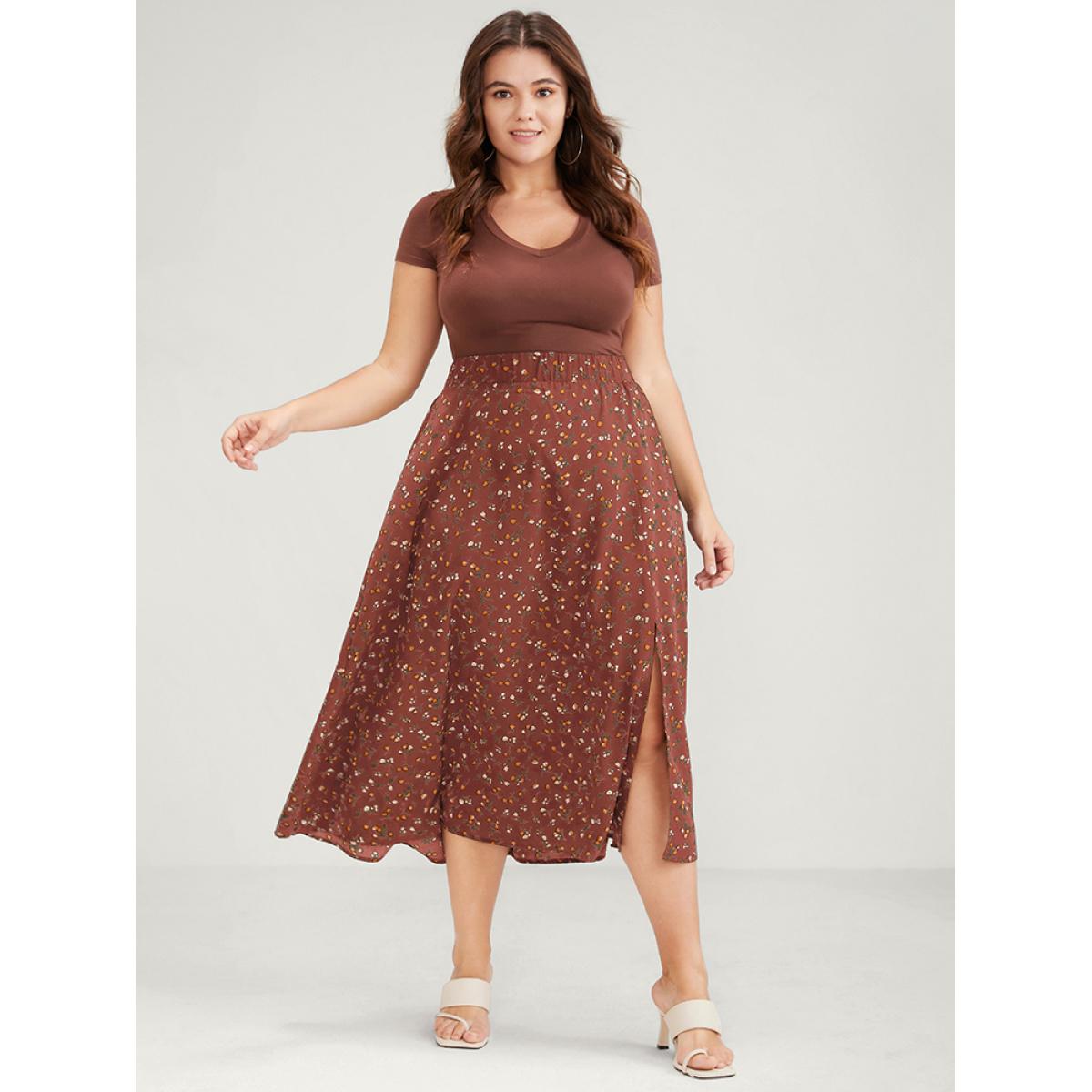 Plus Size Elastic Waist Ditsy Floral Split Skirt Women Chocolate Elegant Printed No stretch Dailywear Skirts BloomChic 10/M Product Image
