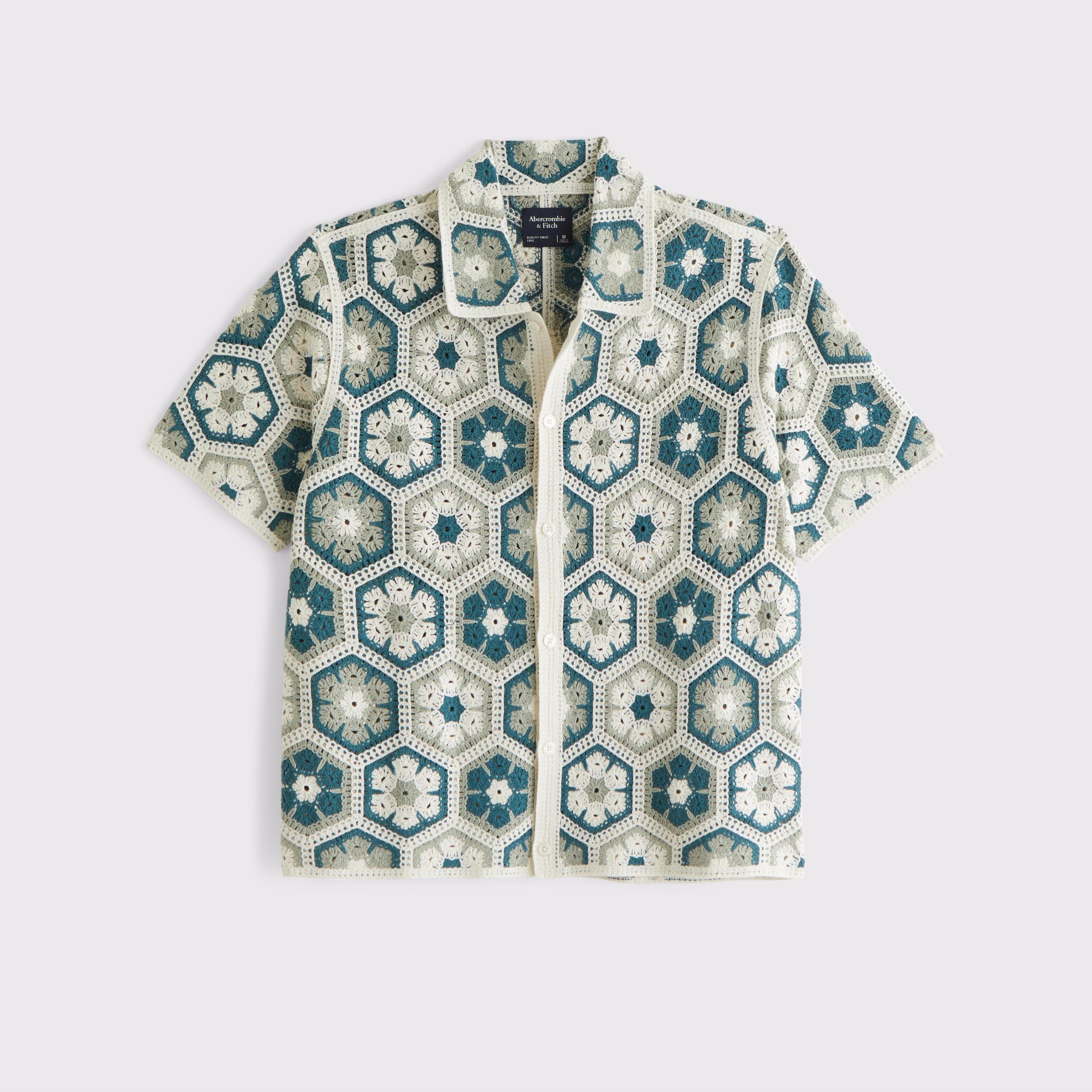 Crochet-Style Border Stripe Button-Through Sweater Polo Product Image