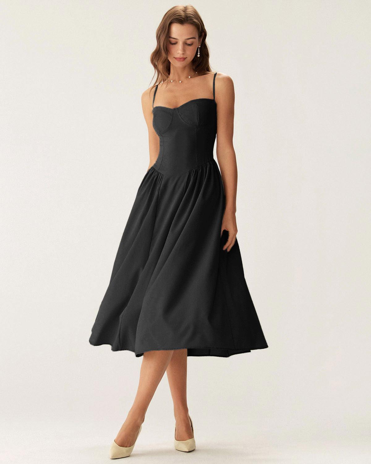 Black Square Neck Pocket Slip Midi Dress Product Image
