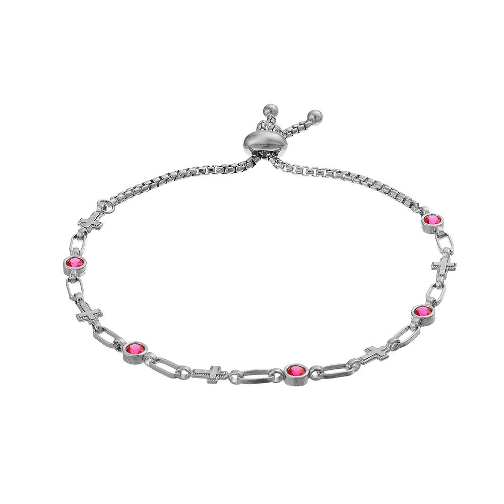 Kristen Kesho Sterling Silver Lab-Created Ruby & Cross Link Adjustable Bolo Bracelet, Women's, Size: 9.50 Product Image