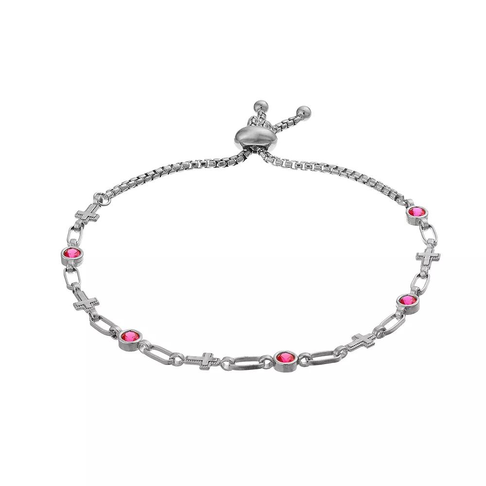 Kristen Kesho Sterling Silver Lab-Created Ruby & Cross Link Adjustable Bolo Bracelet, Women's,  Product Image