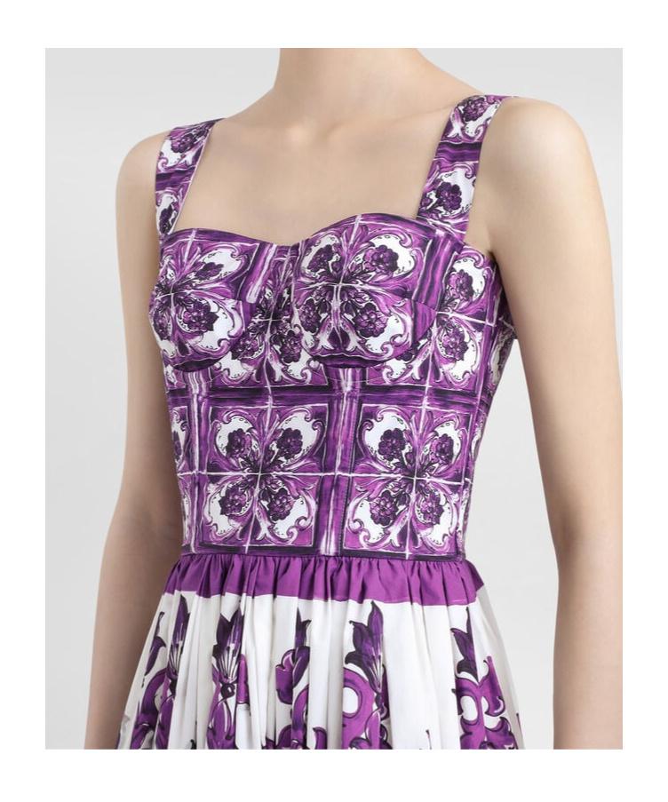 DOLCE & GABBANA Women Cotton Midi Dress With Maiolica Print In Purple Product Image