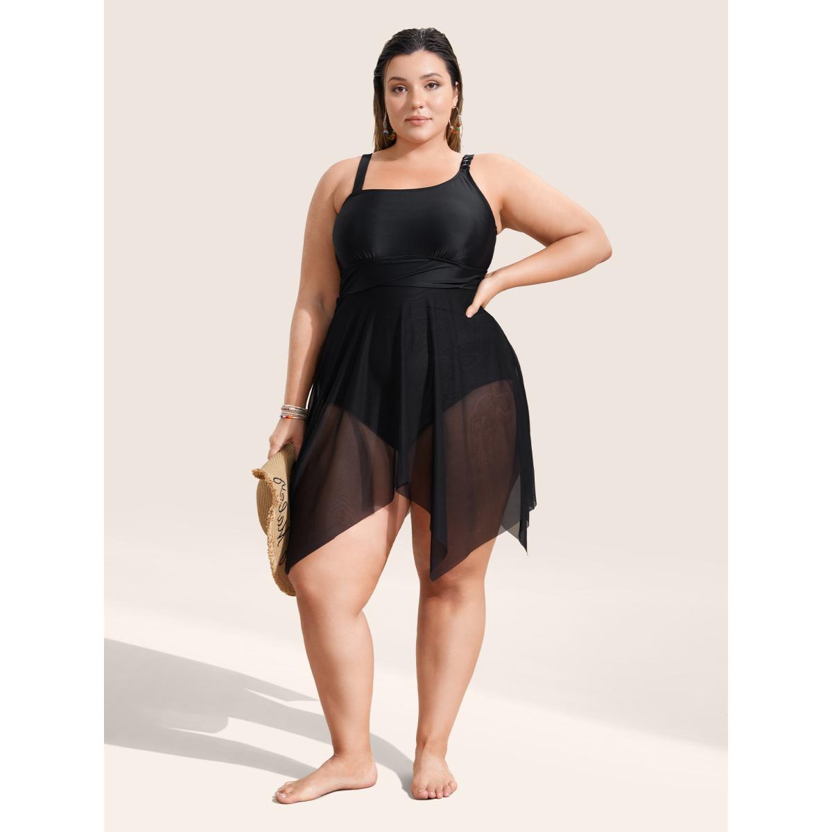 Plus Size Asymmetrical Neck Mesh Patchwork Swim Dress Women's Swimwear Black Beach Bodycon Asymmetrical Neck High stretch Curve Swim Dresses BloomChic 30/6X Product Image