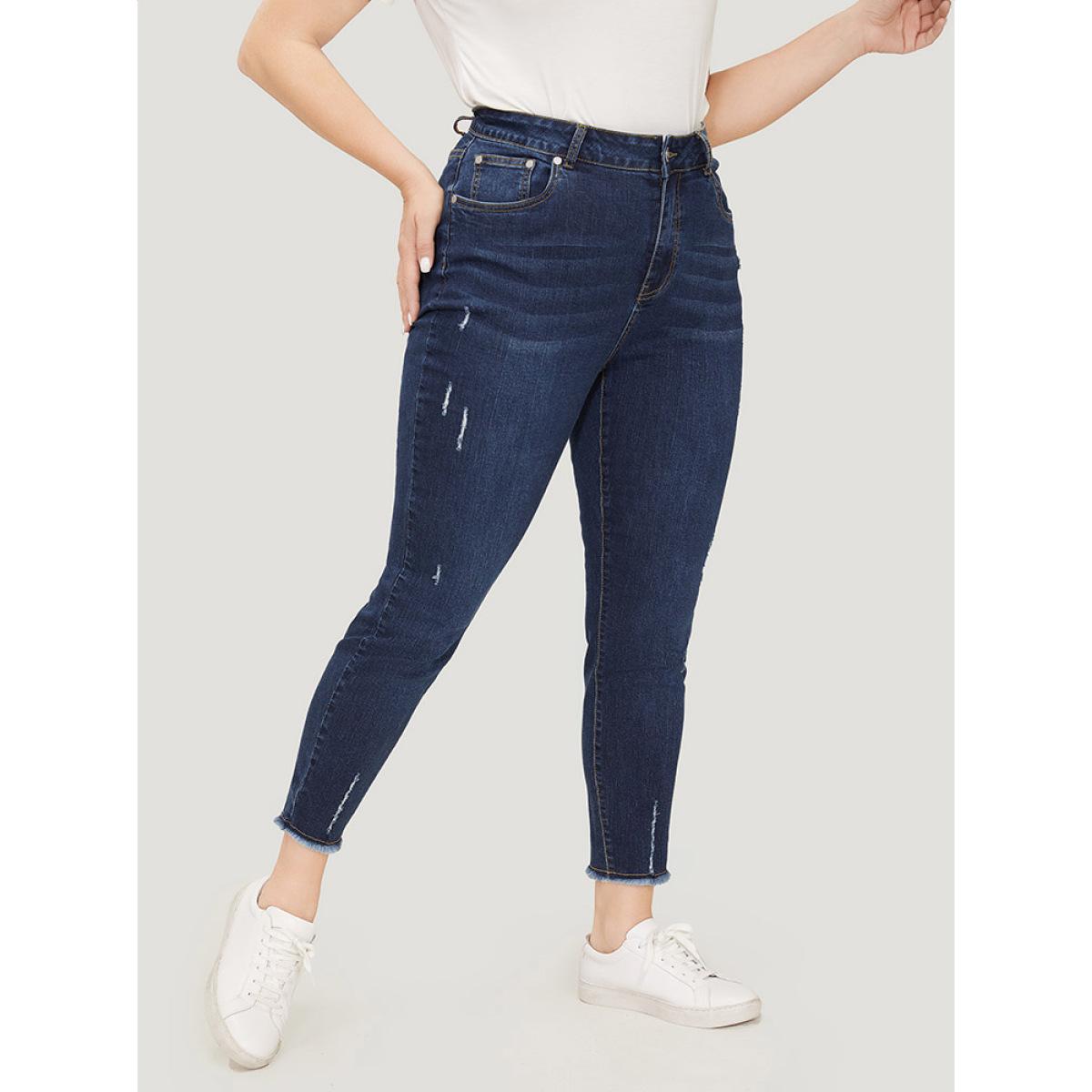 Plus Size Straight Leg Very Stretchy Raw Hem Jeans Women DarkBlue Casual Plain High stretch Pocket Jeans BloomChic 10/M Product Image