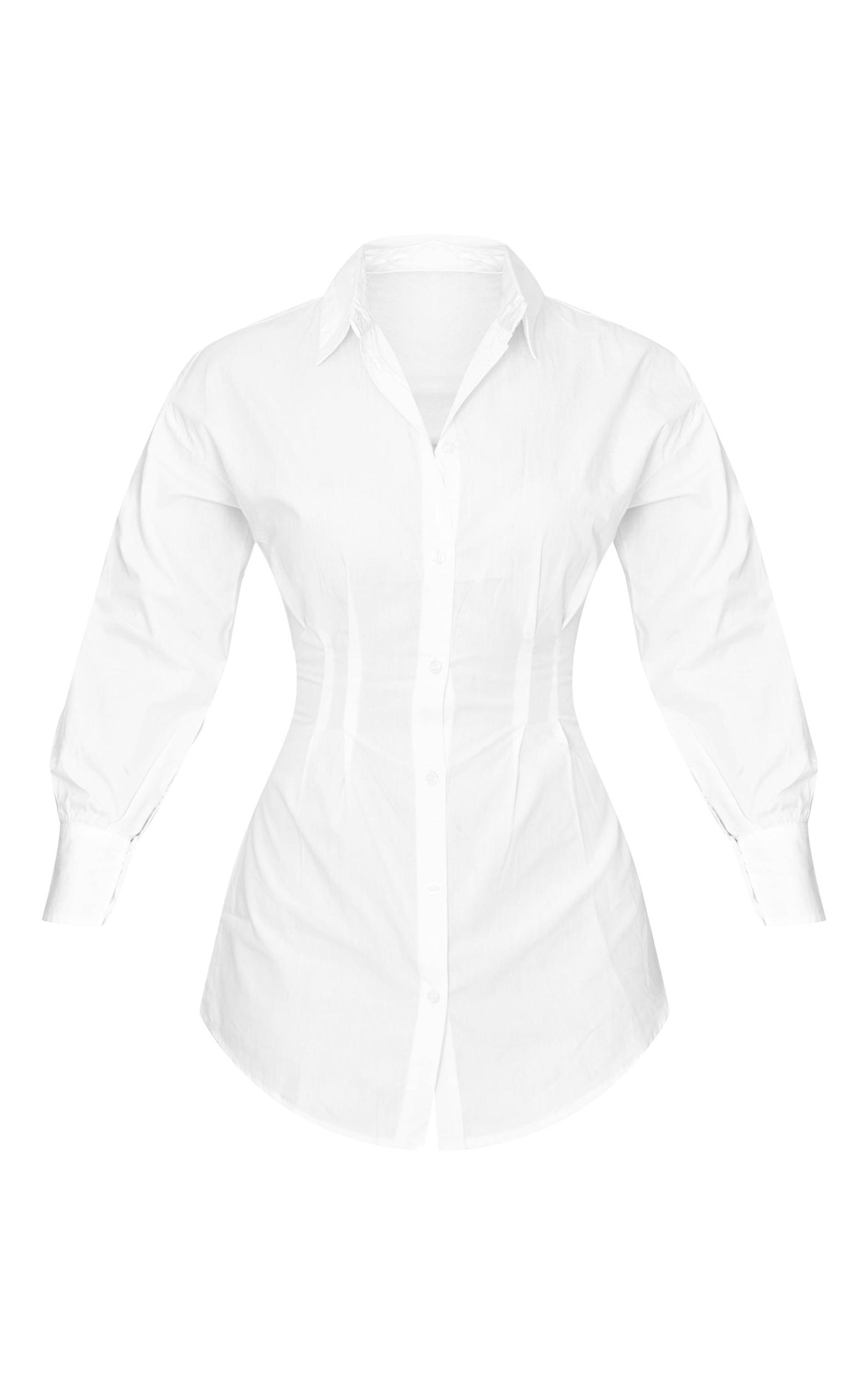 White Fitted Waist Long Sleeve Button Shirt Dress Product Image