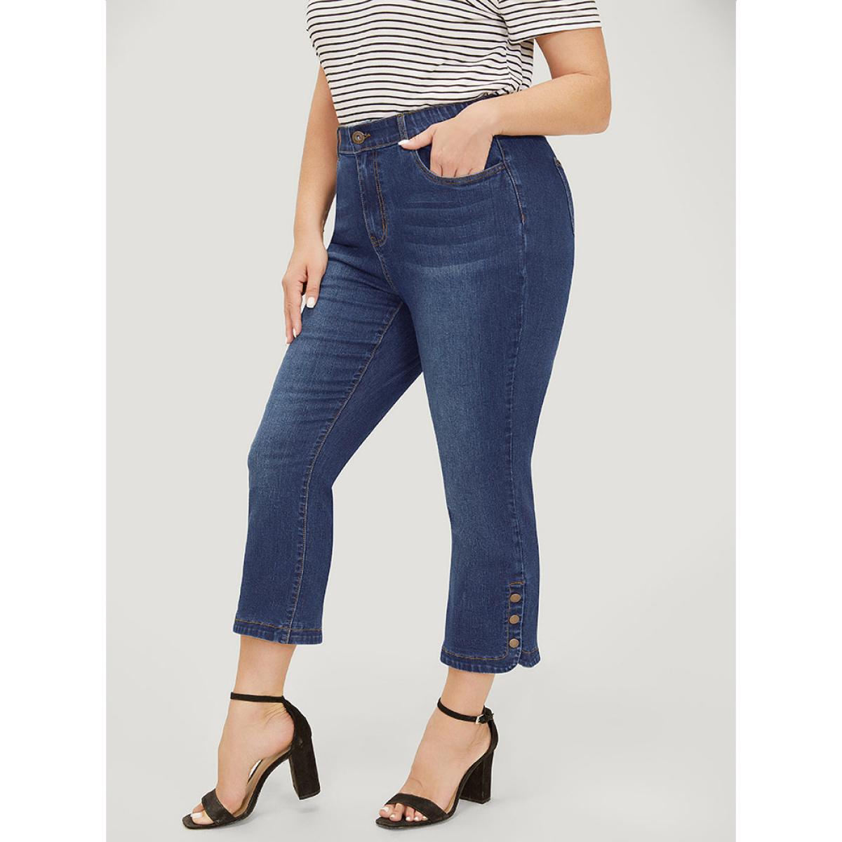 Plus Size Bootcut Very Stretchy High Rise Dark Wash Button Side Jeans Women DarkBlue Casual Plain Button High stretch Pocket Jeans BloomChic 24/3X Product Image