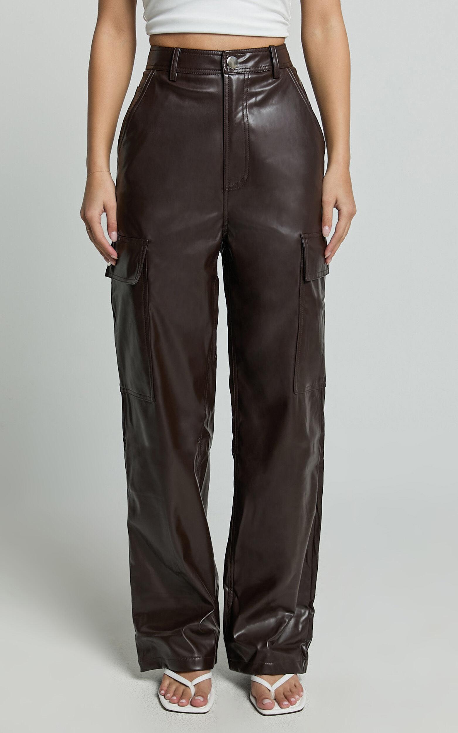 Elviera Pants - High Waisted Faux Leather Cargo Pants in Dark Chocolate Product Image