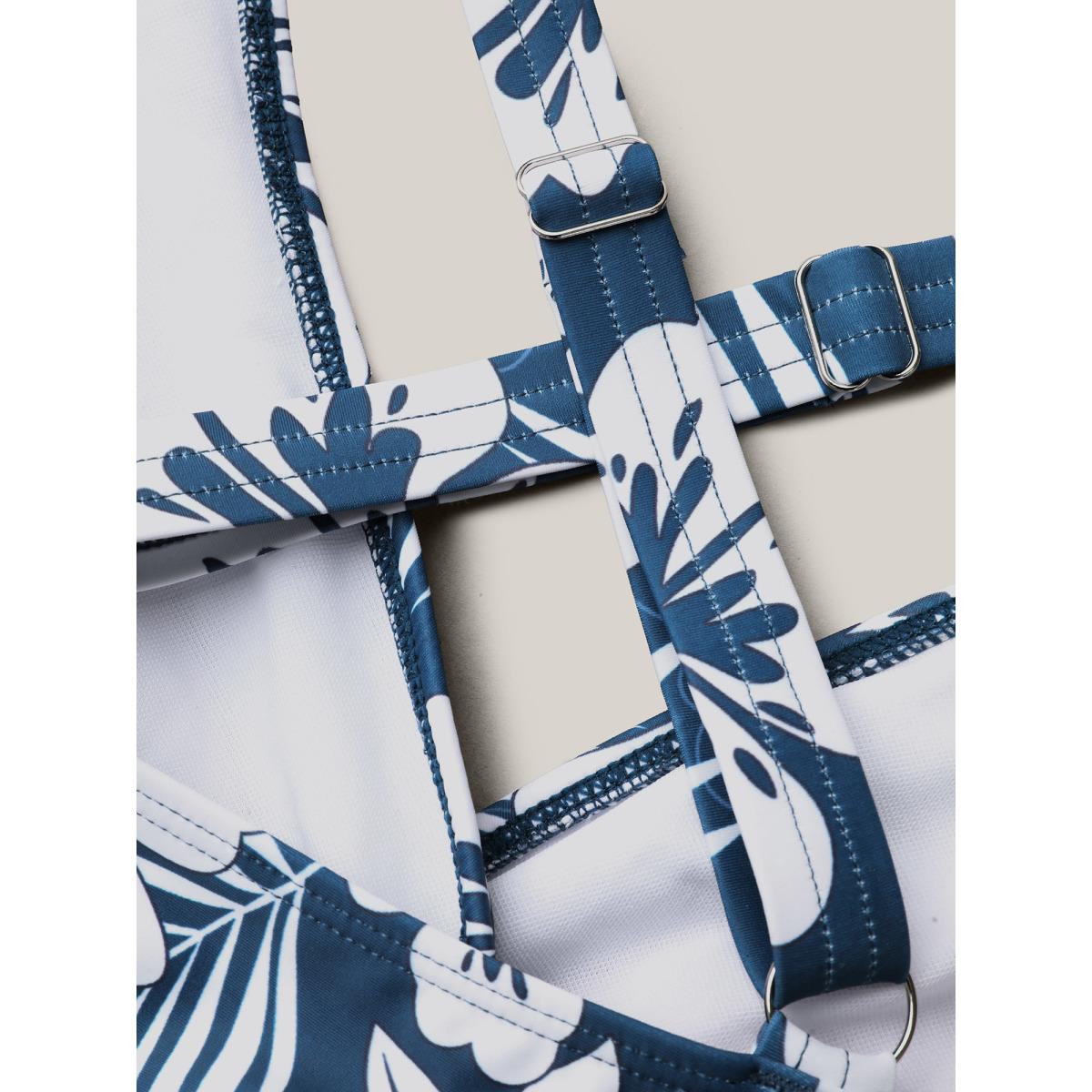 Plus Size Tropical Flower Print Gathered One-Piece Swimsuit Women's Swimwear Cerulean Resort Gathered Curve Bathing Suits High stretch One Pieces BloomChic 28/5X Product Image