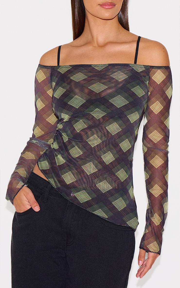 Multi Checked Bardot Asymmetric Hem Long Sleeve Top Product Image