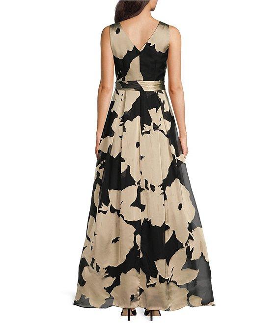 Donna Karan Satin Burnout V-Neck Sleeveless Tie Sash Ball Gown Product Image