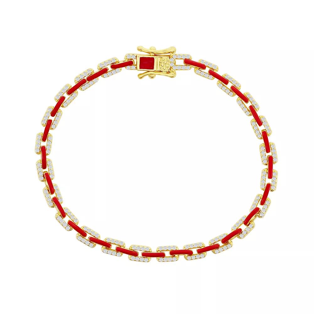 Argento Bella 14k Gold Over Silver Black Enamel & Cubic Zirconia Link Bracelet, Women's, Size: 7", Gold Tone Red Product Image