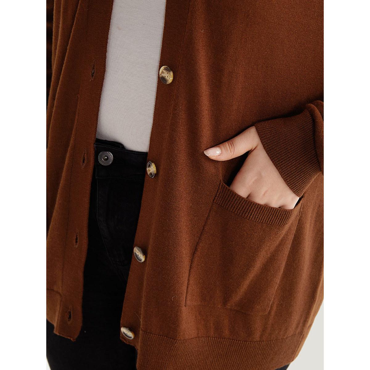 Plus Size Supersoft Essentials Button Up Patched Pocket Cardigan Maroon Women Casual Loose Long Sleeve Everyday Cardigans BloomChic 12/L Product Image