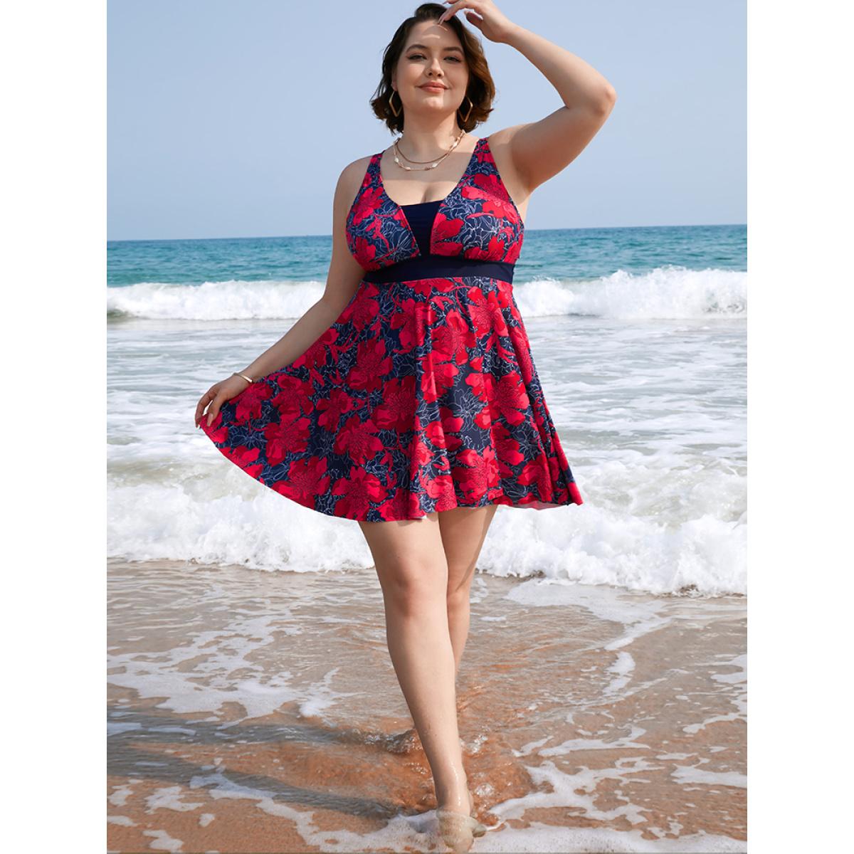 Plus Size Tropical Printed Patchwork Ruffle Swim Dress Women's Swimwear Red Vacation Bodycon V-neck High stretch Curve Swim Dresses BloomChic 10/M Product Image