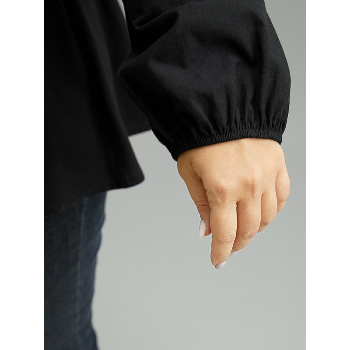 Plus Size Black Cotton Solid Metal Detail Lantern Sleeve Blouse Women Office Long Sleeve Round Neck Work Blouses BloomChic 26/4X Product Image