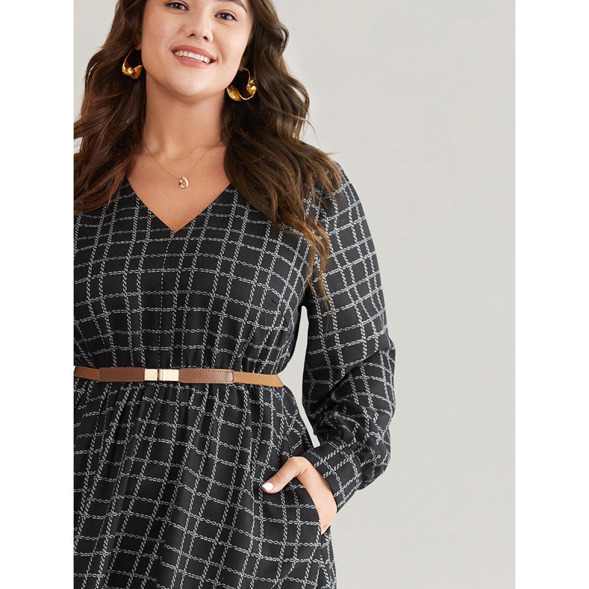 Plus Size Gingham Gingham Patchwork Pocket Gathered Dress Black Women Office Contrast V-neck Long Sleeve Curvy Midi Dress BloomChic 14-16/1X Product Image