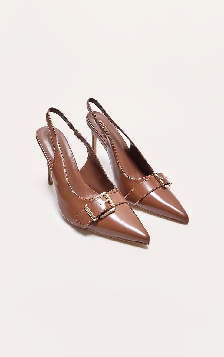 Brown PU Wide Fit Buckle Detail Stiletto High Heel Sling Back Court Heels Product Image
