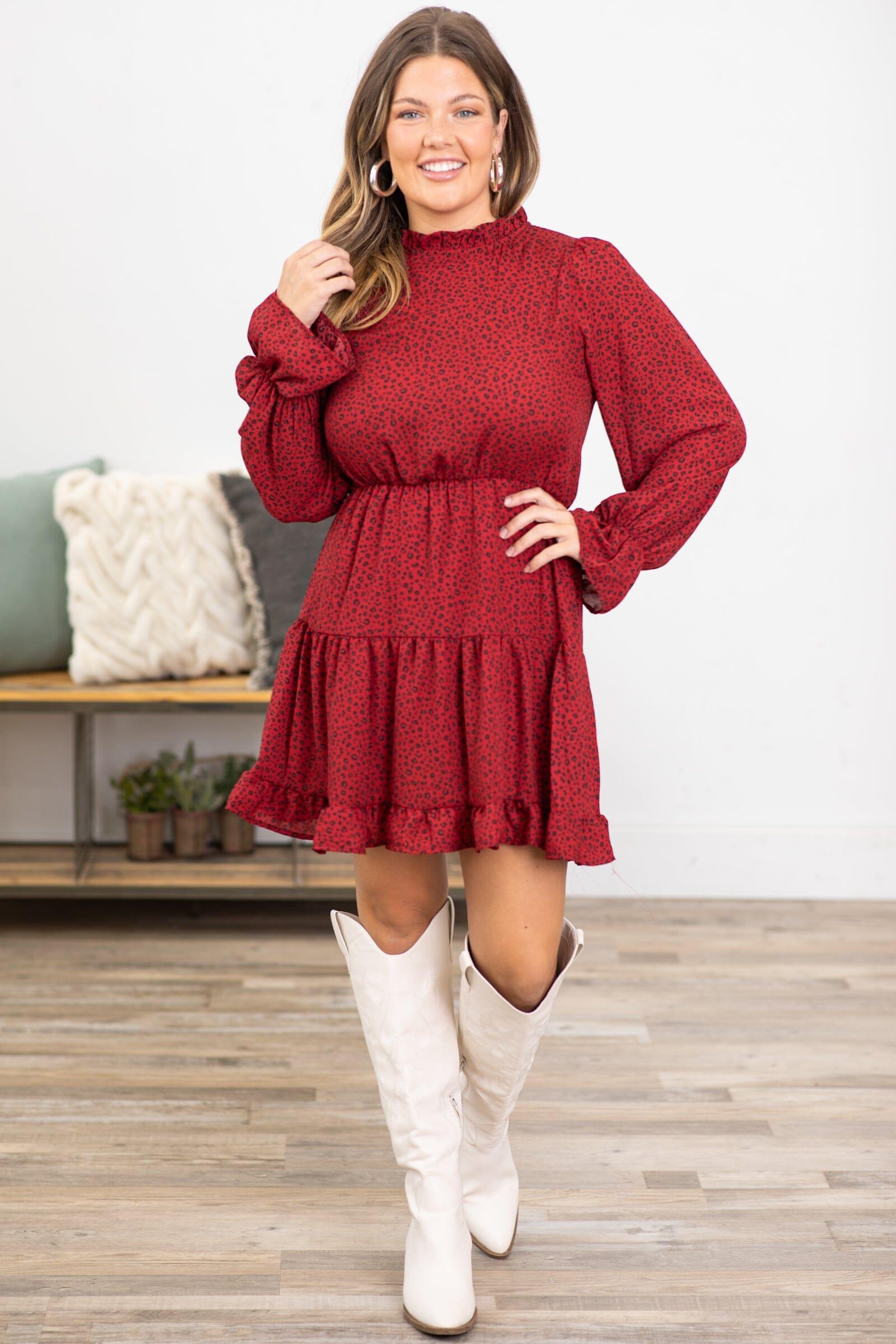 Wine and Black Animal Print Long Sleeve Dress Product Image