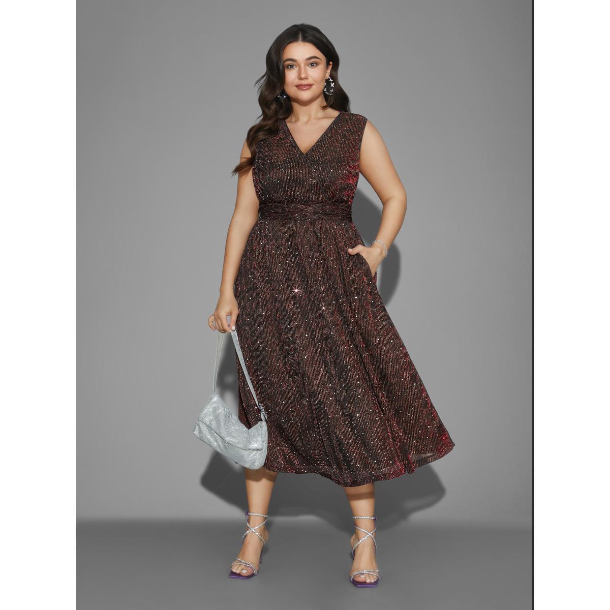 Plus Size Sequin Surplice Neckline Sleeveless Midi Dress Burgundy Women Party&Cocktail Texture Party Curvy Bloomchic 18-20/2X Product Image