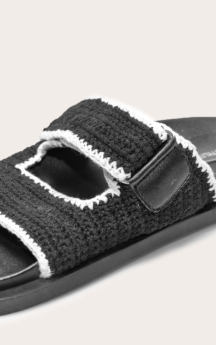 Black Contrast Round Toe Crochet Velcro Strap Flat Footbed Sandals Product Image