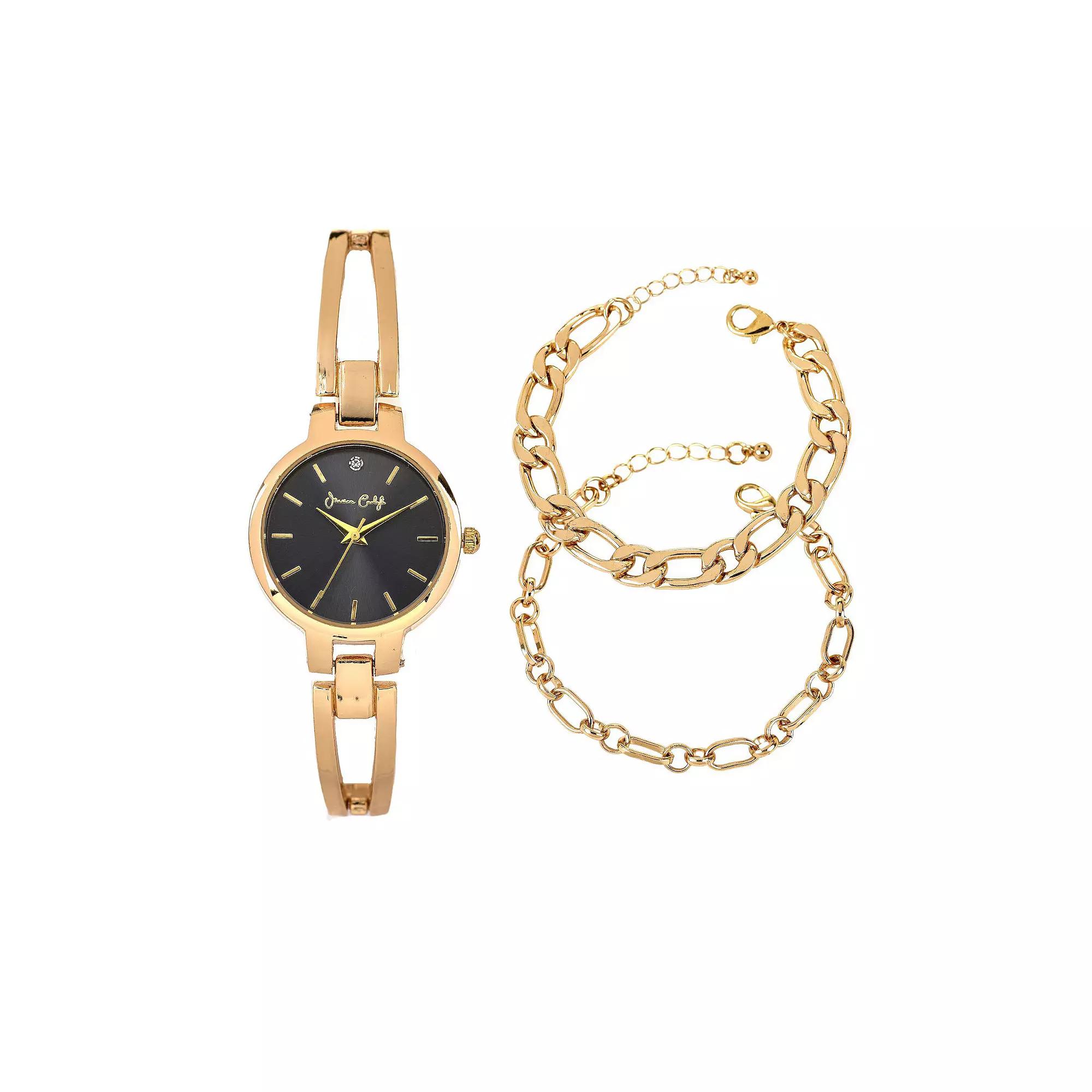 Jessica Carlyle Gold Tone Metal Analog Watch with Textured Dial & Bracelet Set, Women's, Size: 33 mm, Black Product Image
