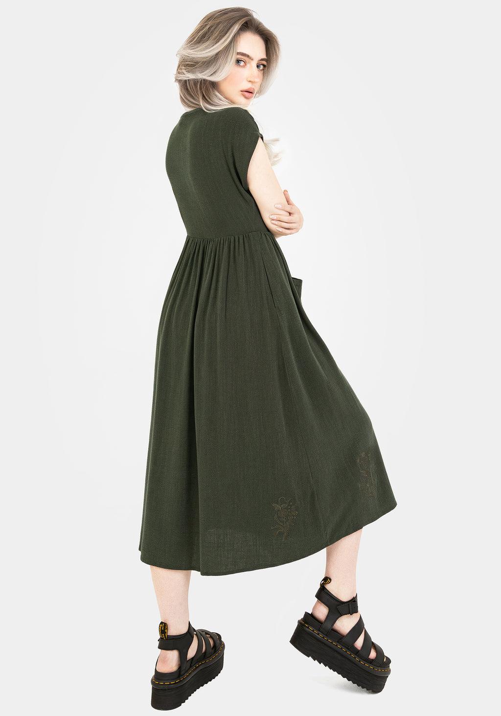 Foliate Linen-Blend Embroidered Button Up Midi Dress - Green Product Image
