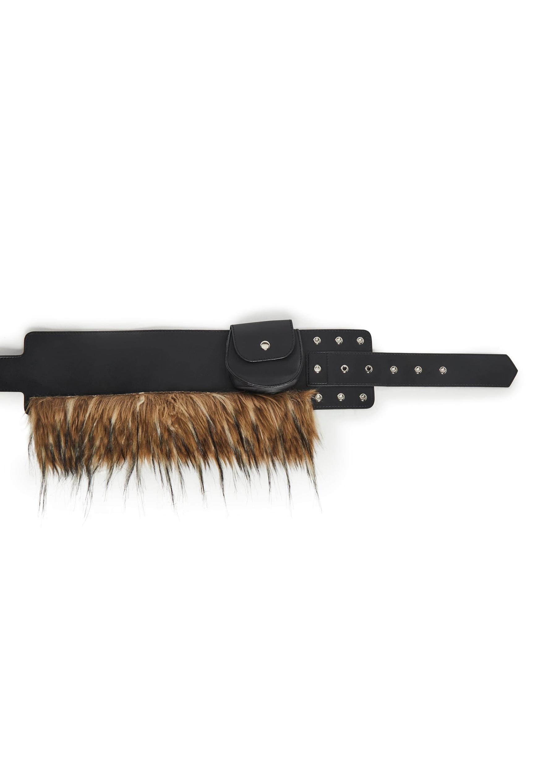 Festival Vegan Leather Faux Fur Belt WIth Pouch Club Exx - Black Product Image