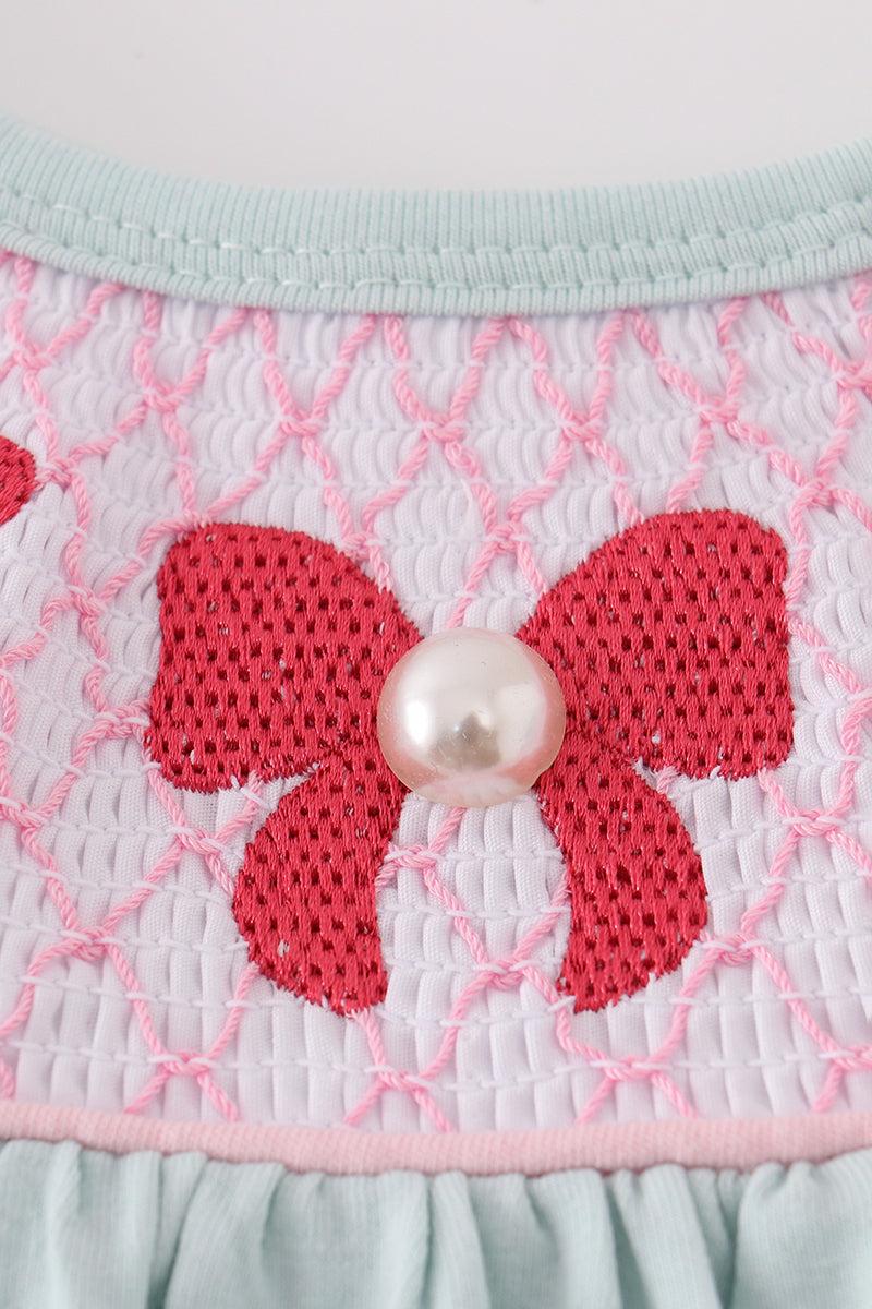 Blue bow pearl smocked dress Product Image