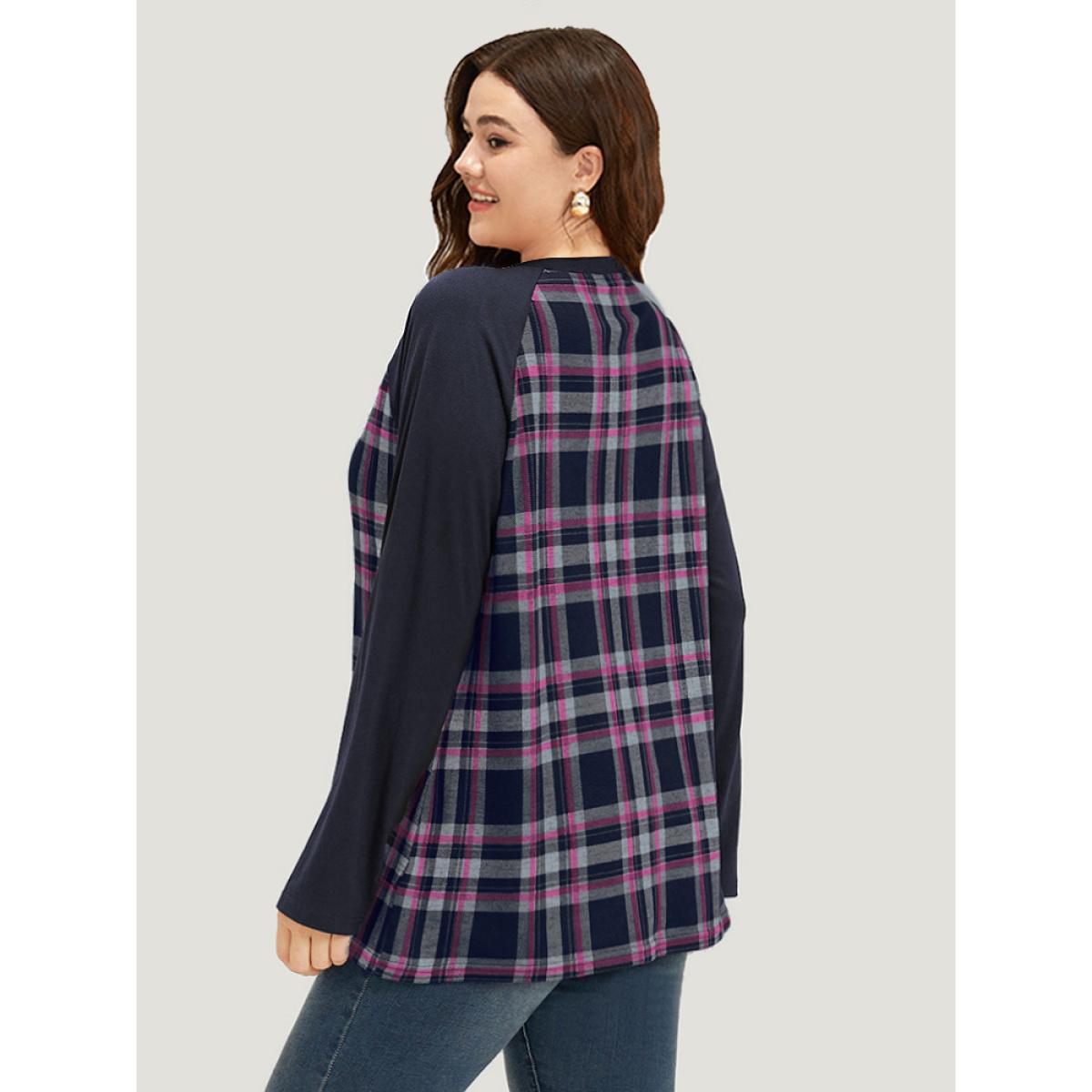 Plus Size Plaid Raglan Sleeve Crew Neck T-shirt DarkBrown Women Casual Patchwork Plaid Round Neck Dailywear T-shirts BloomChic 18-20/2X Product Image
