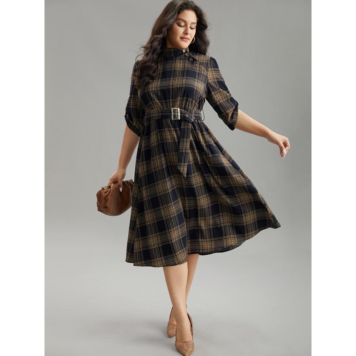 Plus Size Mock Neck Plaid Buckle Detail Belted Dress Indigo Women Office Belted Mock Neck Elbow-length sleeve Curvy Midi Dress BloomChic 10/M Product Image