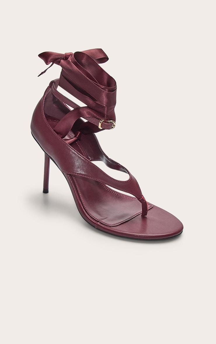 Burgundy Pu Round Toe Thong Ribbon Lace Up High Stiletto Heeled Sandals. Product Image
