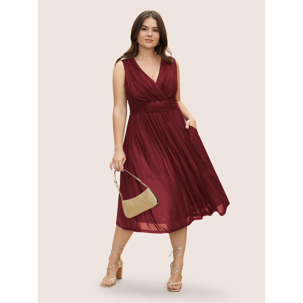 Plus Size Solid Mesh Ruched Midi Tank Dress Black Women Cocktail V-neck Sleeveless Curvy BloomChic 28/5X Product Image