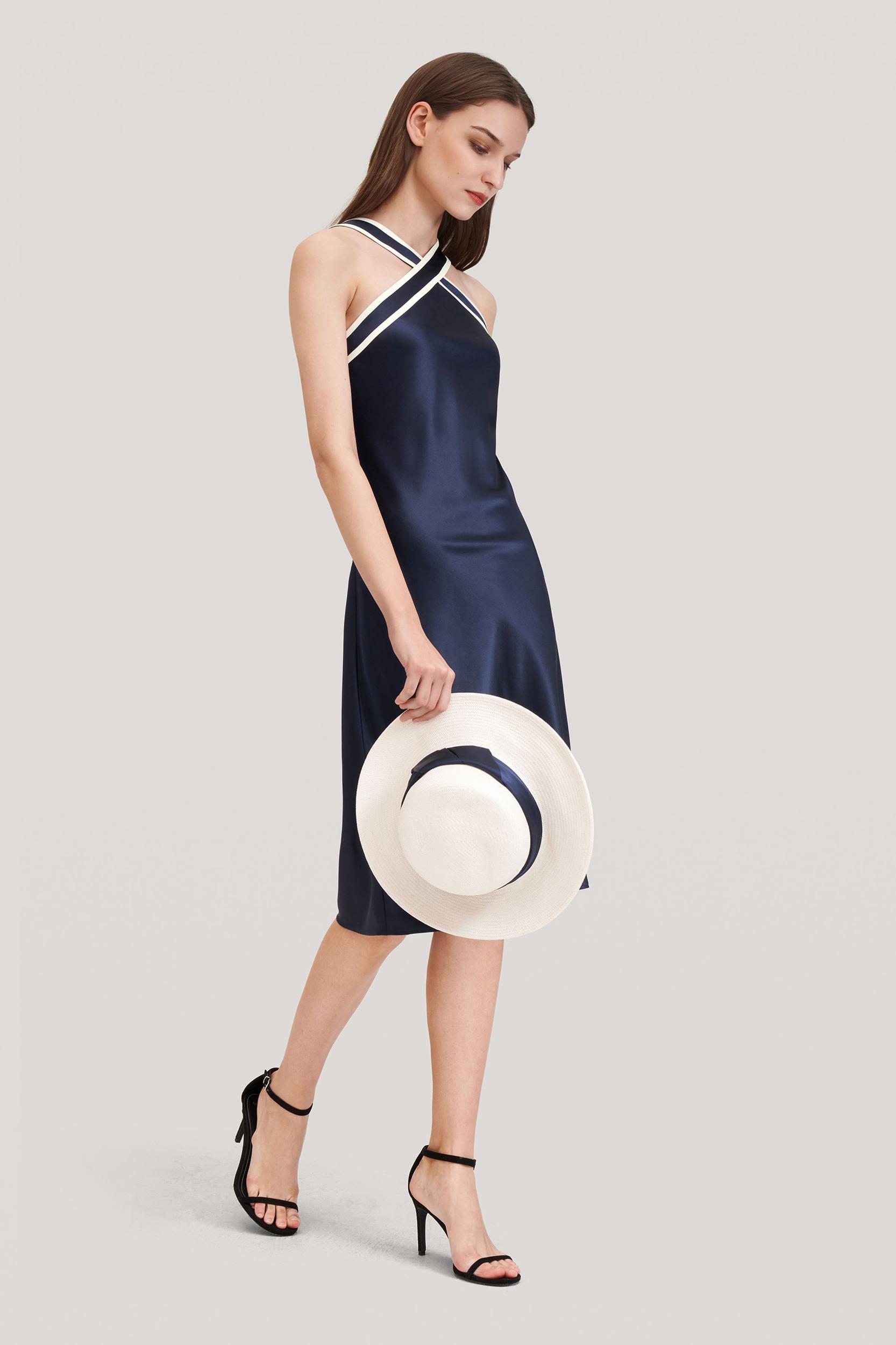 Glossy Camellia Silk Halter-Neck Dress Product Image