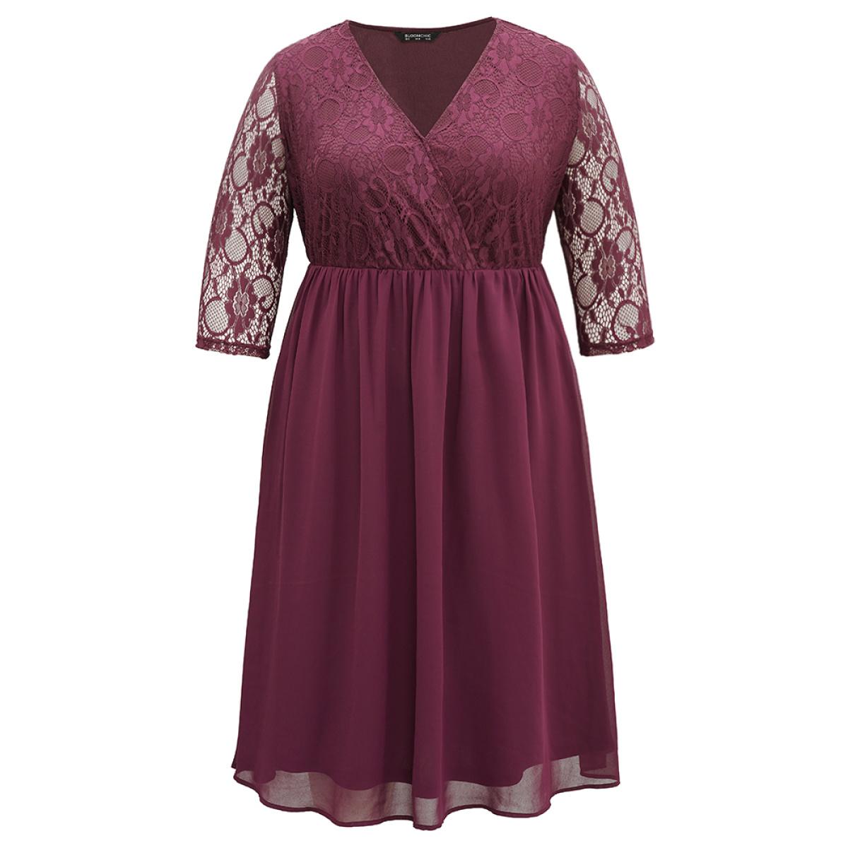 Plus Size Chiffon Crochet Lace Mesh Surplice Neck Dress Burgundy Women Elegant Texture Overlap Collar Elbow-length sleeve Curvy Midi Dress BloomChic 10/M Product Image