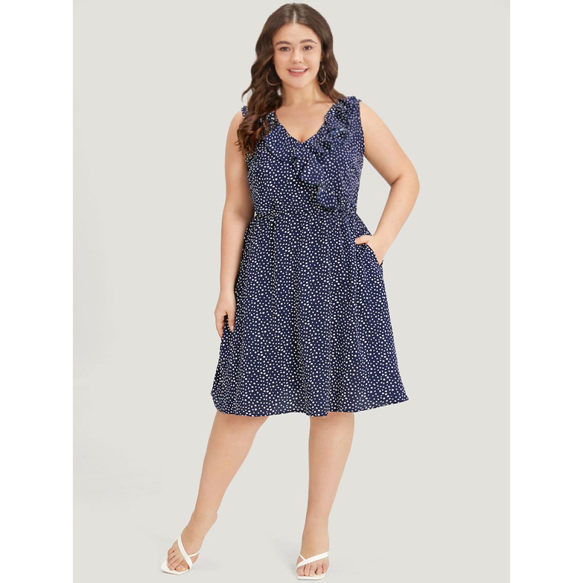 Plus Size Polka Dot Ruffle Trim V Neck Sleeveless Dress DarkBlue Women Elegant Pocket V-neck Sleeveless Curvy Knee Dress BloomChic 30/6X Product Image