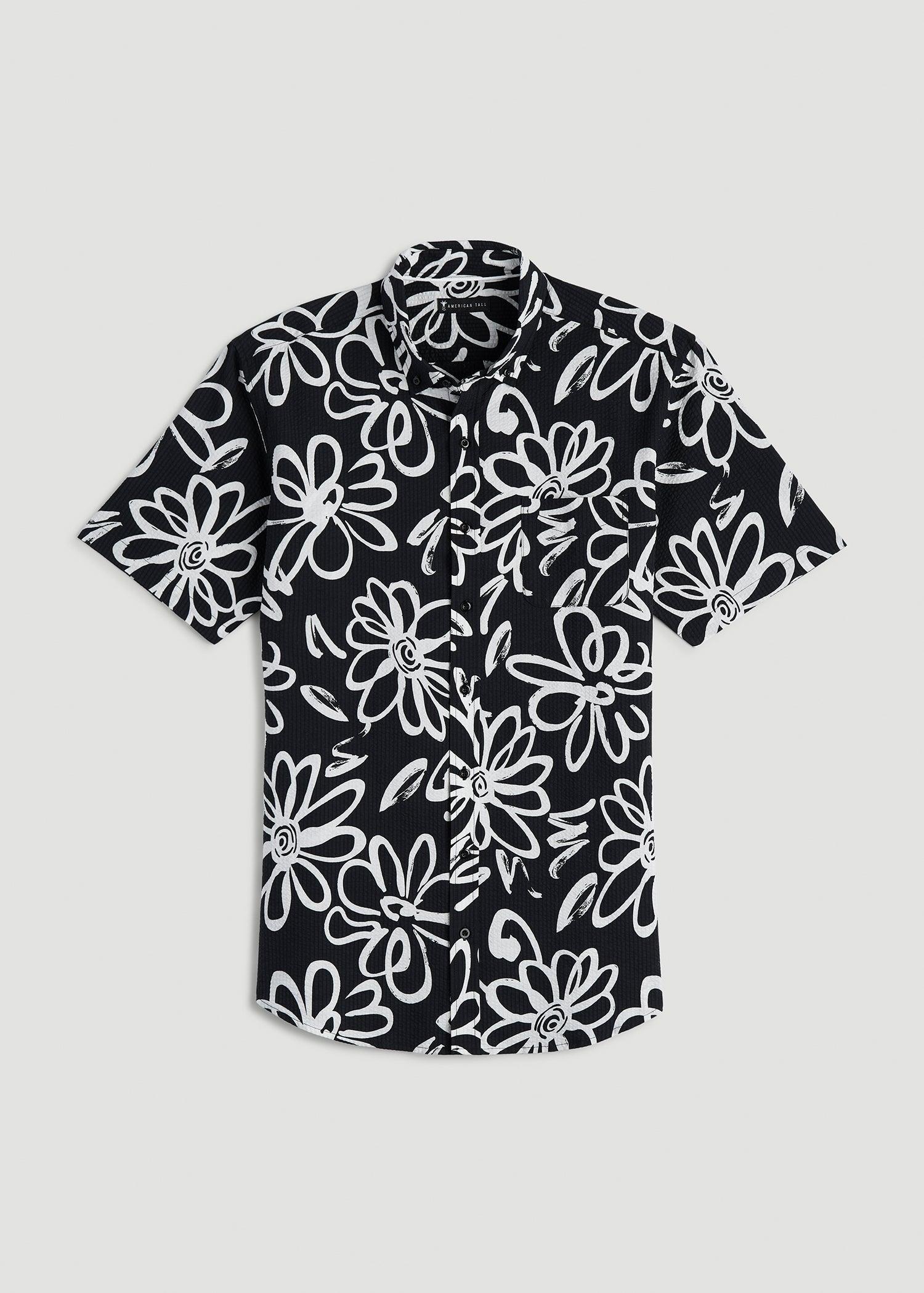 Seersucker Short Sleeve Shirt for Tall Men in Black and White Floral Male Product Image