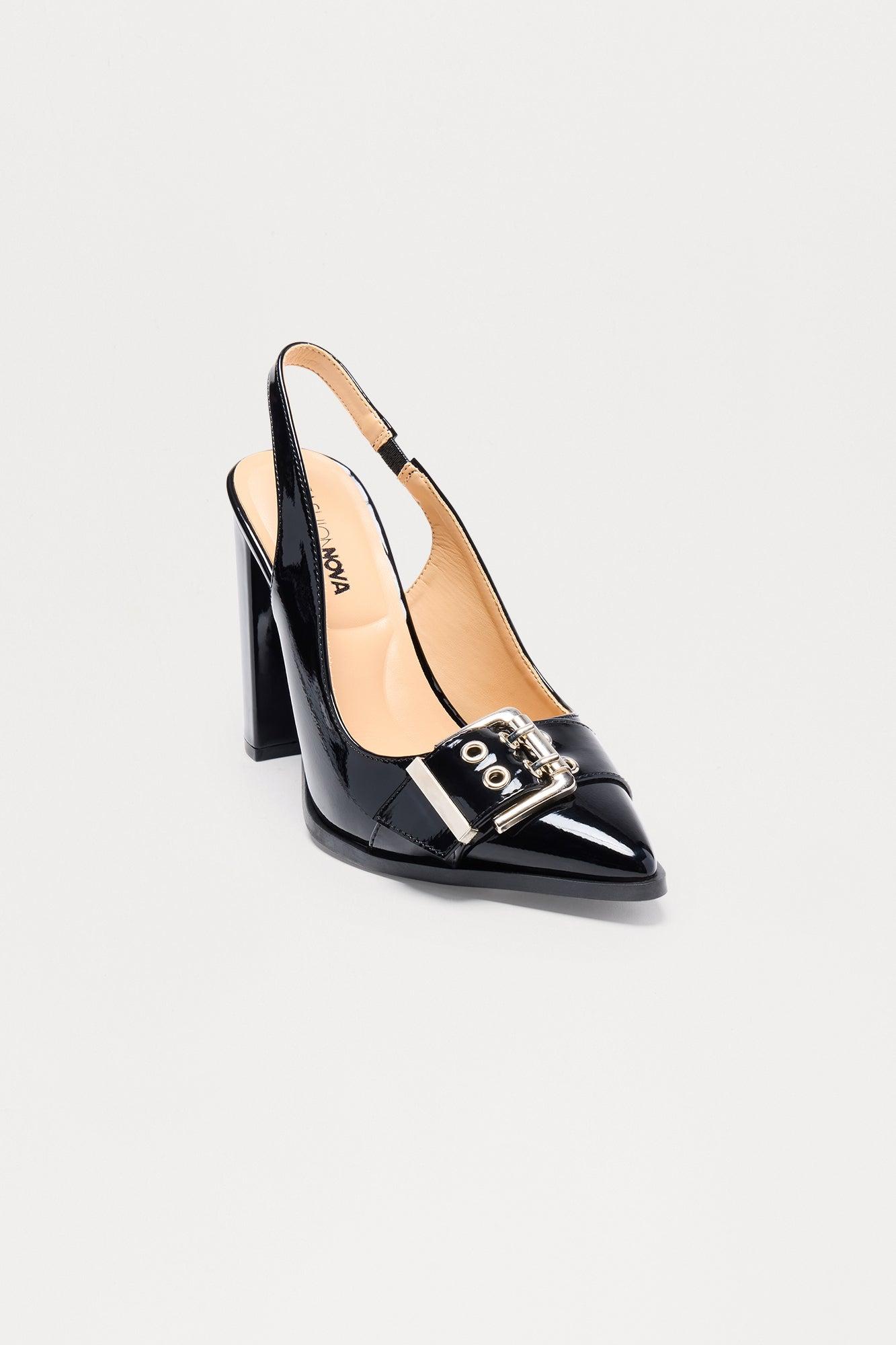 Betty Buckle Faux Patent Slingback Pumps - Black Female Product Image