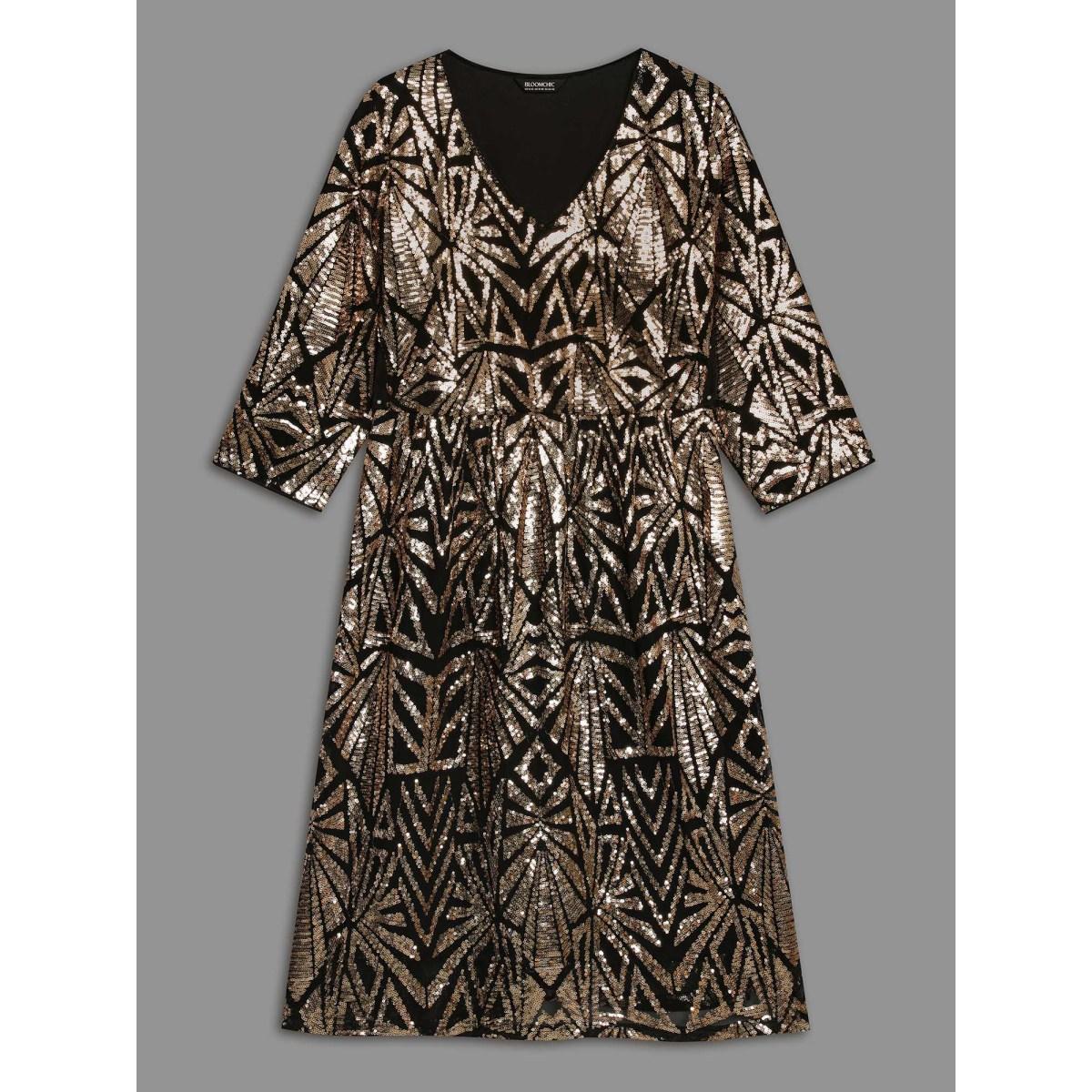 Plus Size Sequin V-Neck Elastic Waist Dress Black Women Cocktail Texture Party Curvy Bloomchic 26/4X Product Image