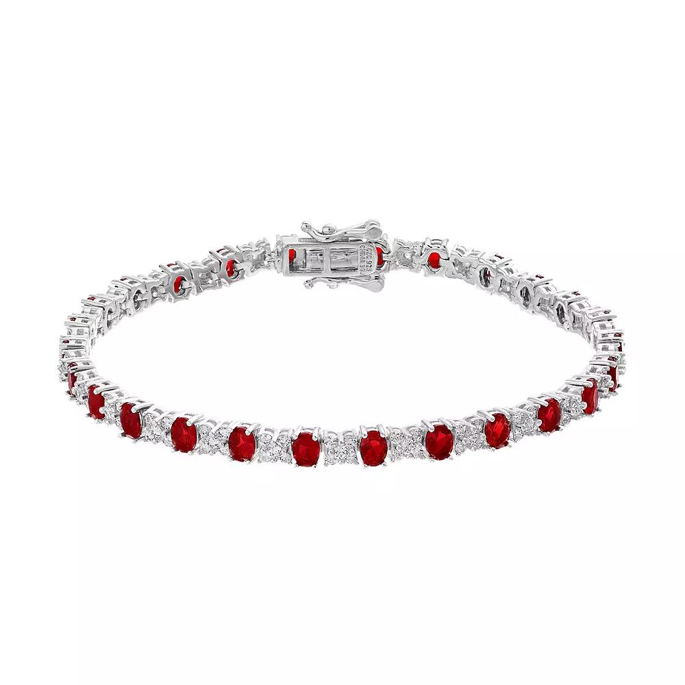 Sterling Silver Red Oval & Clear Round Cubic Zirconia Tennis Bracelet, Womens White Product Image